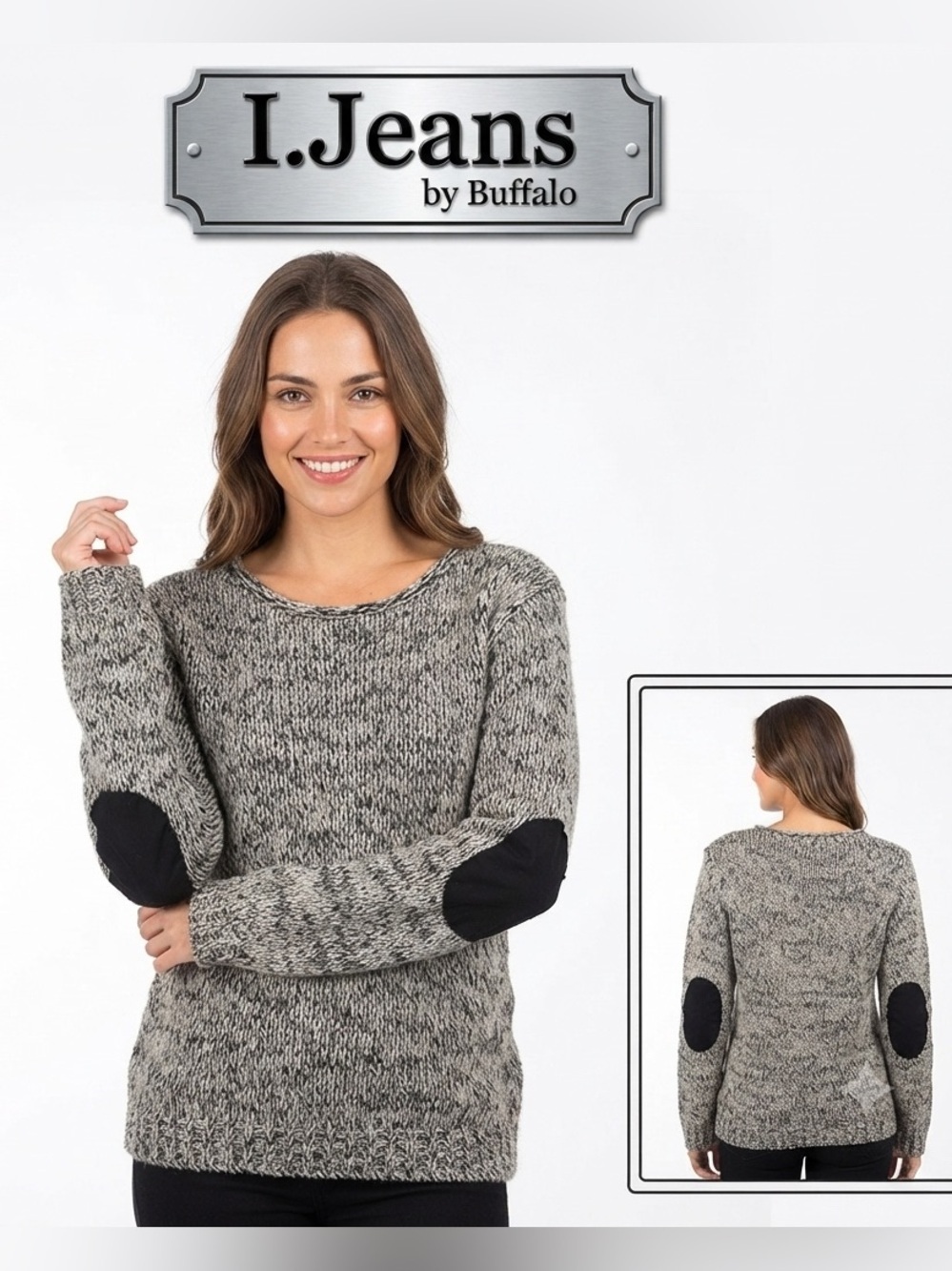 I Jeans by Buffalo Marbled Mohair Blend Elbow Patch Knit Sweater Medium